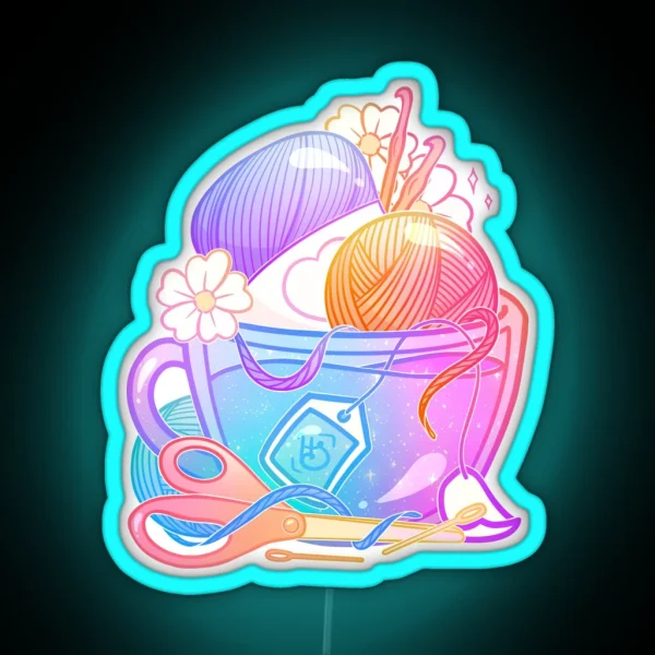 Kawaii Pastel Yarn Art Teacup Crochet RGB Neon Sign