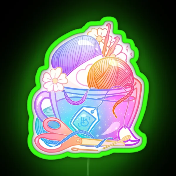 Kawaii Pastel Yarn Art Teacup Crochet RGB Neon Sign