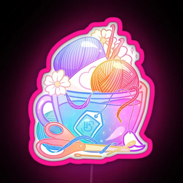 Kawaii Pastel Yarn Art Teacup Crochet RGB Neon Sign