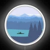 RGB Glowing Kayak Amidst Whimsical Forest and Mountain Backdrop Decor