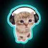 Colorful retro kitten listens to vibrant music on neon display