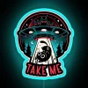 Kitty meets extraterrestrial life in vibrant neon light display.