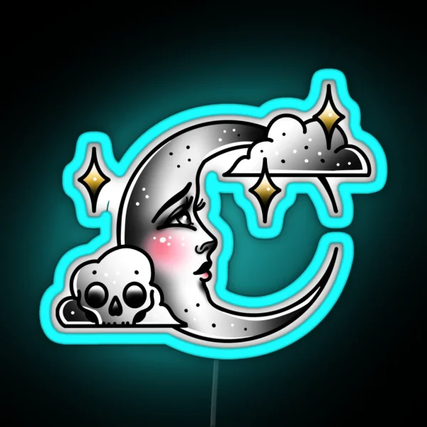 Lady Moon And Skull Cloud Vintage Cute Traditional Flash Tattoo RGB Neon Sign