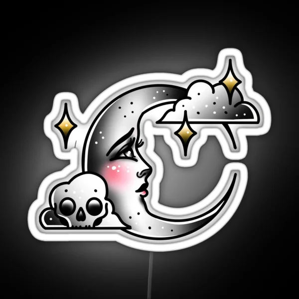 Lady Moon And Skull Cloud Vintage Cute Traditional Flash Tattoo RGB Neon Sign