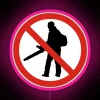 Black neon RGB LED prohibition sign warning against leaf blowing