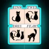Learn German phrases with colorful cat accents in vibrant RGB neon