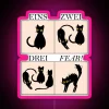 Learning German phrases illuminated by colorful Eins Zwei Drei neon lights
