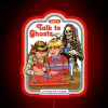 Spooky glow neon sign encouraging paranormal conversations and mystery discussions.