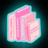 Neon light box decoration featuring pile of books in pastel pink.