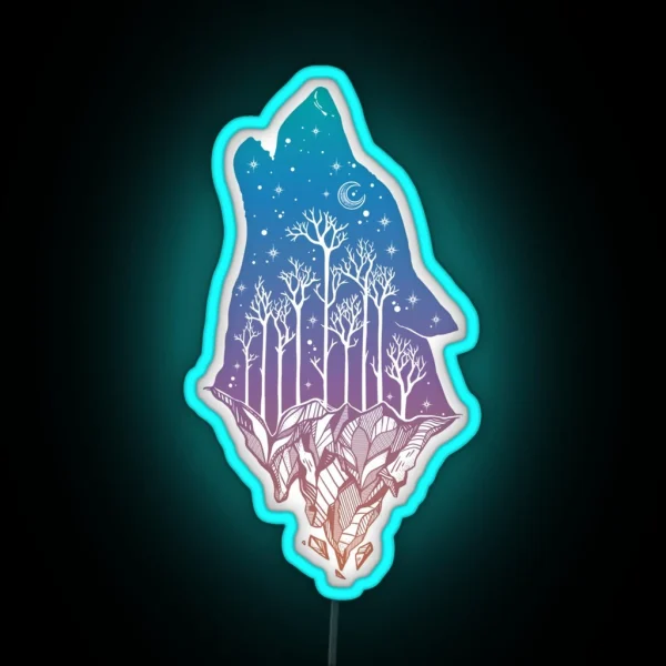 Lone Wolf Howling At The Moon In A Forest On RGB Neon Sign