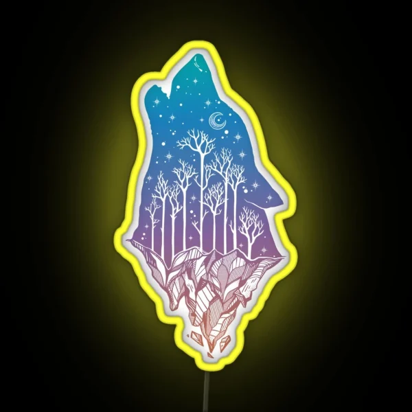 Lone Wolf Howling At The Moon In A Forest On RGB Neon Sign