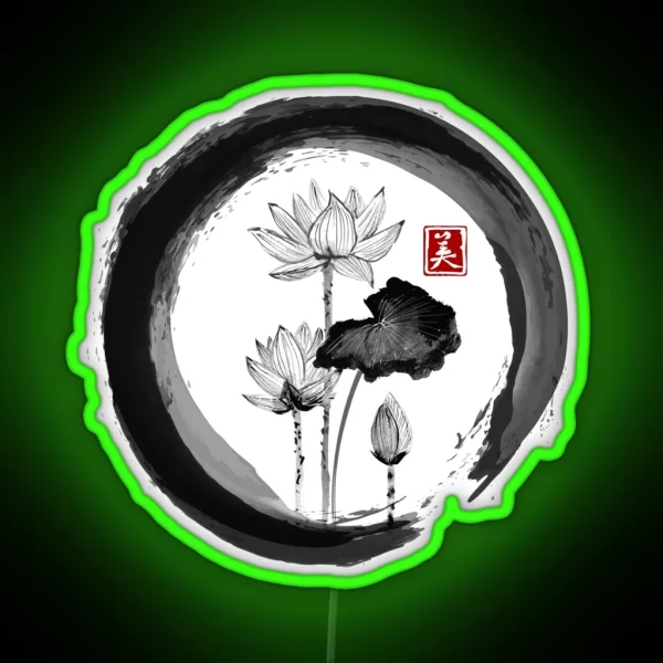 Lotus Flower Traditional Japanese Ink Painting On RGB Neon Sign