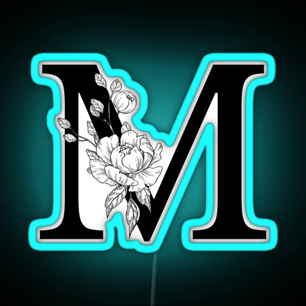 M Botanical Monogram Detailed Peony Drawing RGB Neon Sign