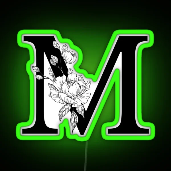M Botanical Monogram Detailed Peony Drawing RGB Neon Sign