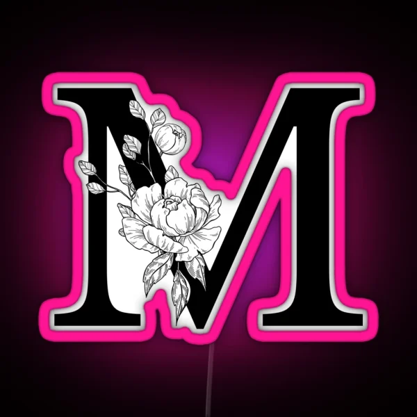 M Botanical Monogram Detailed Peony Drawing RGB Neon Sign