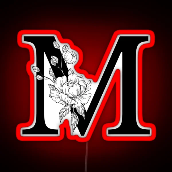 M Botanical Monogram Detailed Peony Drawing RGB Neon Sign