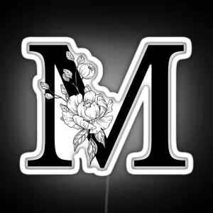 M Botanical Monogram Detailed Peony Drawing RGB Neon Sign