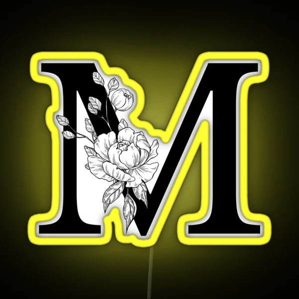 M Botanical Monogram Detailed Peony Drawing RGB Neon Sign