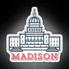 Vibrant neon sign featuring Madison, Wisconsin cityscape with RGB lighting.