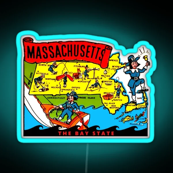 Massachusetts State Map Vintage Travel Decal RGB Neon Sign