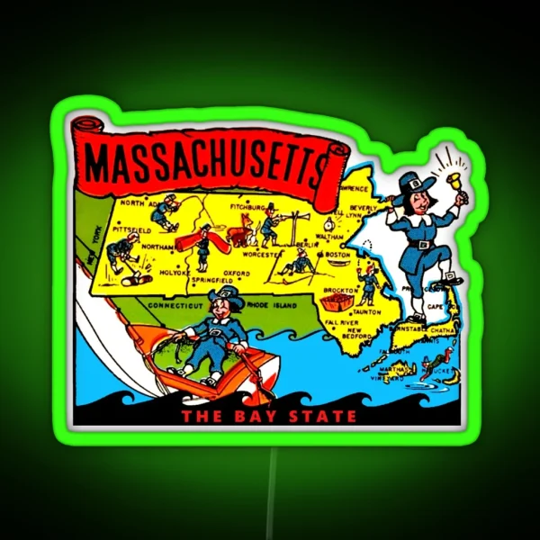 Massachusetts State Map Vintage Travel Decal RGB Neon Sign