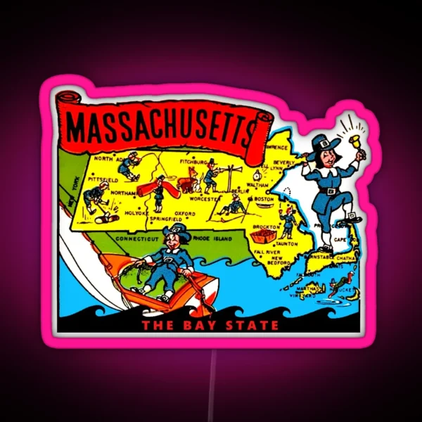 Massachusetts State Map Vintage Travel Decal RGB Neon Sign