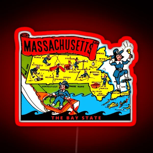 Massachusetts State Map Vintage Travel Decal RGB Neon Sign