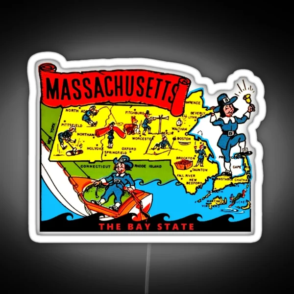 Massachusetts State Map Vintage Travel Decal RGB Neon Sign