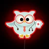 Whimsical medical profession symbol, owl doctor in vibrant RGB neon.