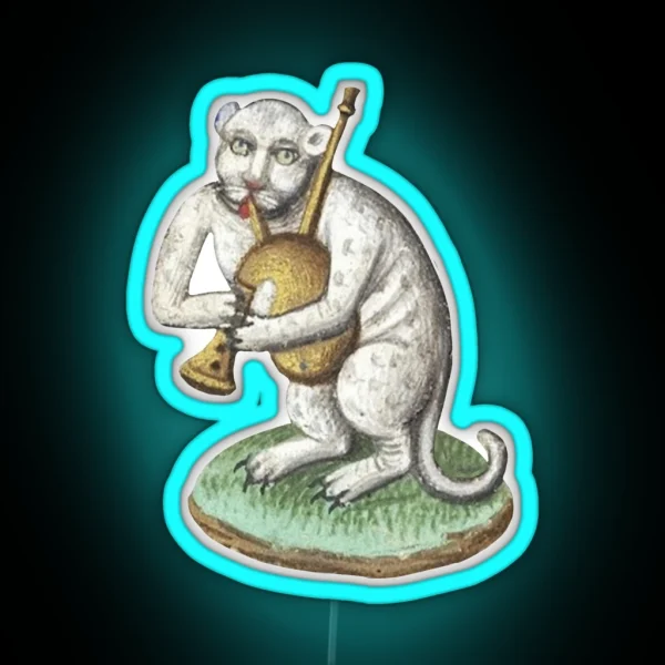 Medieval White Cat Leopard Animal Creature Playing RGB Neon Sign