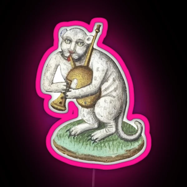 Medieval White Cat Leopard Animal Creature Playing RGB Neon Sign