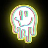 Vibrant neon acid rainbow smile art decorative indoor lighting display.