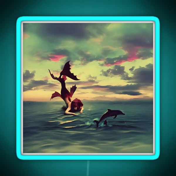 Mermaid And Dolphin Mermaidcore Fantasy Realm RGB Neon Sign