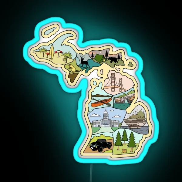 Michigan Illustrated Map Great Lake Michigan Detroit RGB Neon Sign