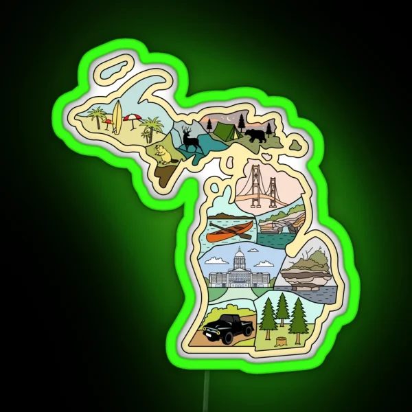 Michigan Illustrated Map Great Lake Michigan Detroit RGB Neon Sign