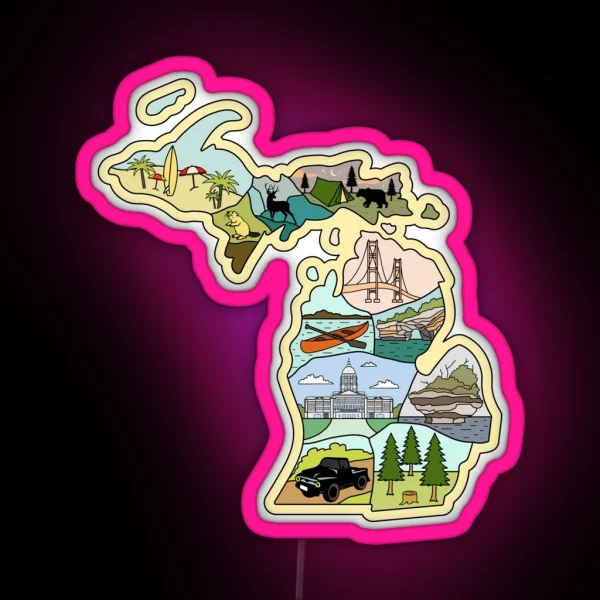 Michigan Illustrated Map Great Lake Michigan Detroit RGB Neon Sign