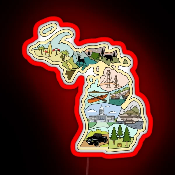 Michigan Illustrated Map Great Lake Michigan Detroit RGB Neon Sign