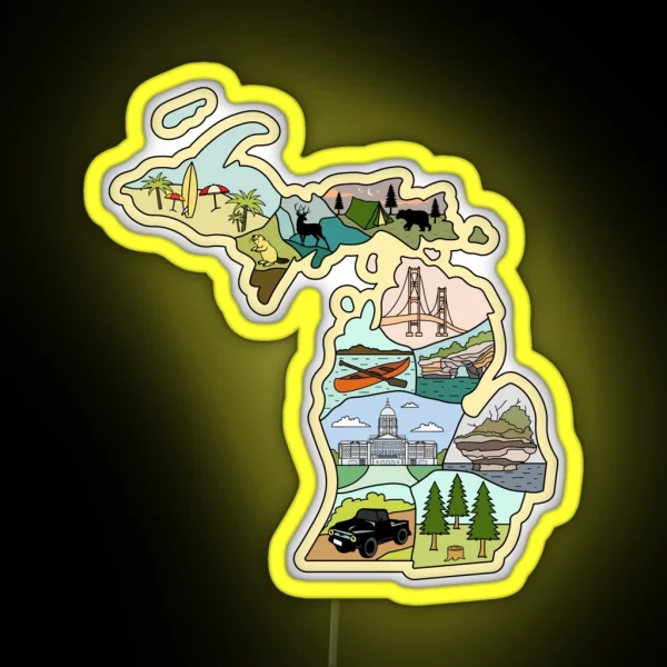 Michigan Illustrated Map Great Lake Michigan Detroit RGB Neon Sign