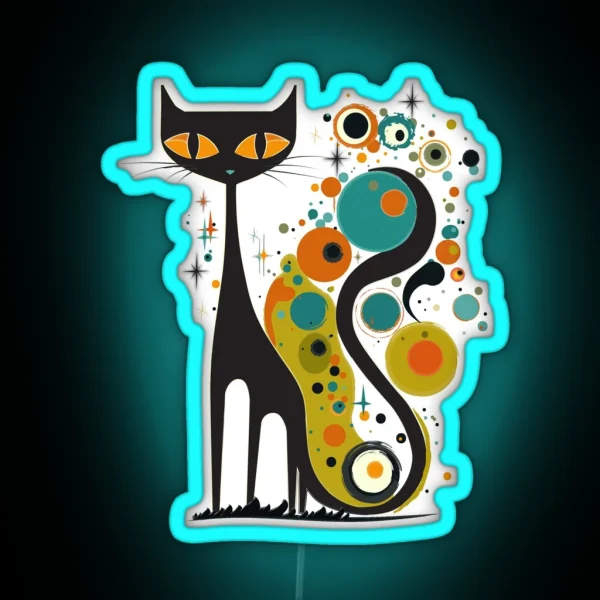 Mid Century Modern Atomic Cat Retro Black Cat MCM RGB Neon Sign