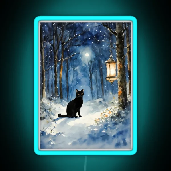 Midnight Black Cat In A Winter Forest At Twilight RGB Neon Sign