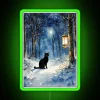 Midnight black cat silhouettes amidst winter forest twilight ambiance neon sign