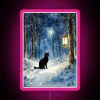 Midnight black cat in winter forest twinkling rgb neon artwork sign