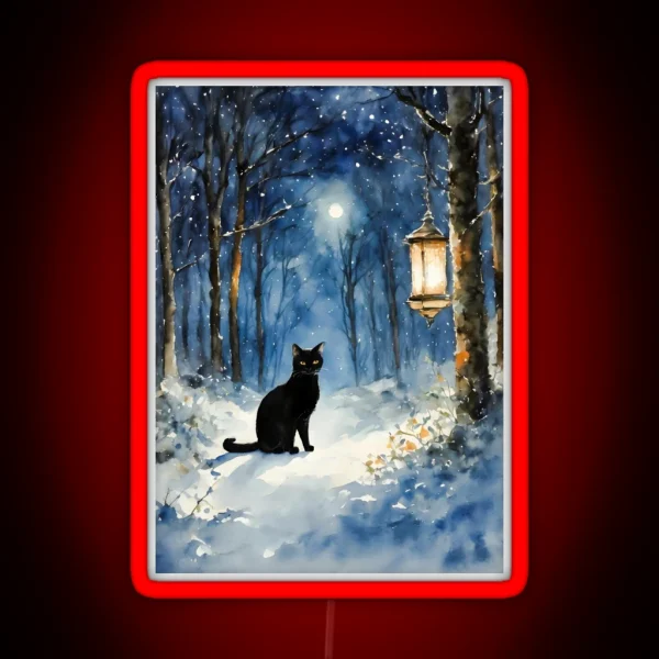 Midnight Black Cat In A Winter Forest At Twilight RGB Neon Sign