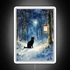 Mysterious Midnight Feline Silhouette Shines Bright Against Frosted Winter Forest