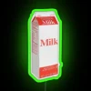 Retro-inspired milk carton shaped neon sign with colorful rgb accents.