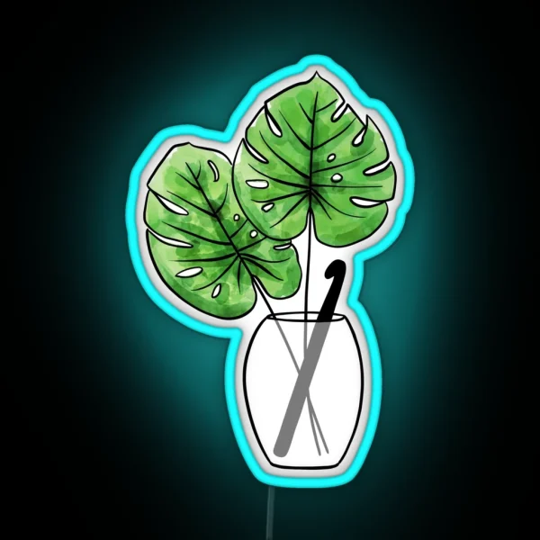 Monstera Leaf Vase With Crochet Hook RGB Neon Sign