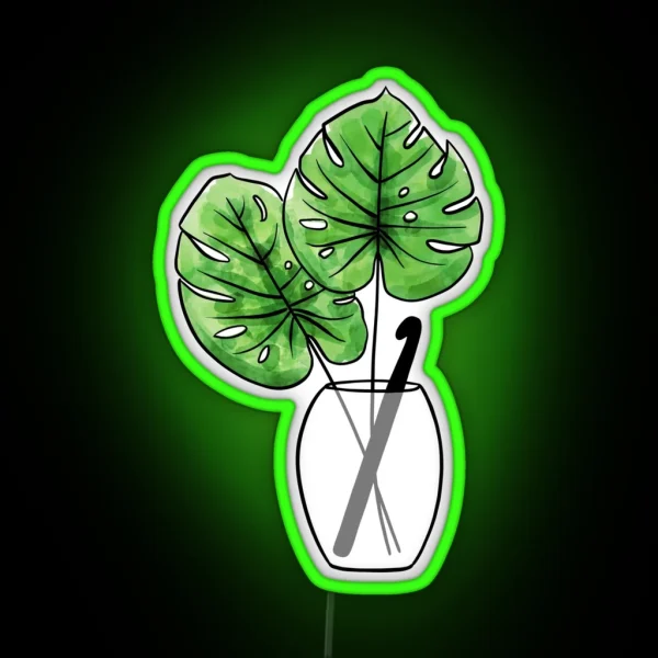 Monstera Leaf Vase With Crochet Hook RGB Neon Sign