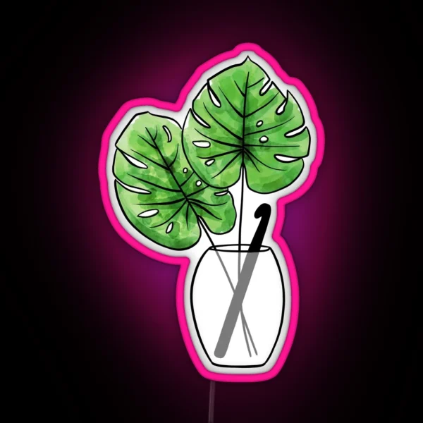 Monstera Leaf Vase With Crochet Hook RGB Neon Sign