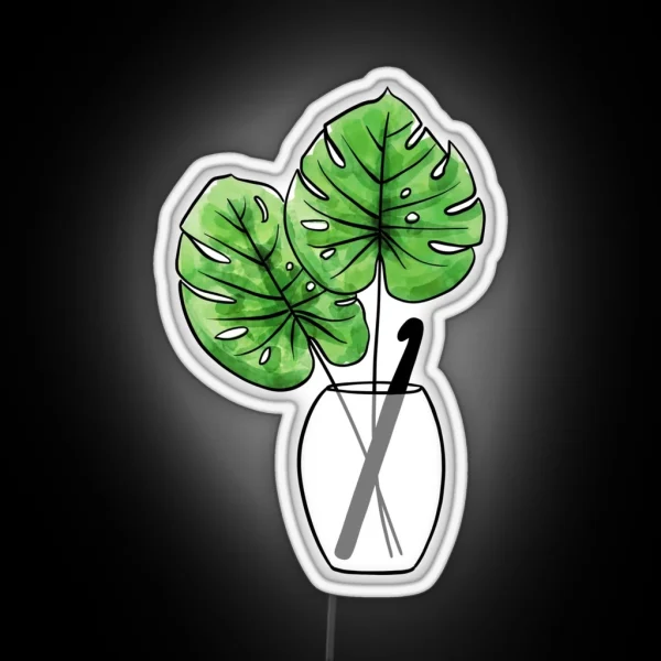 Monstera Leaf Vase With Crochet Hook RGB Neon Sign