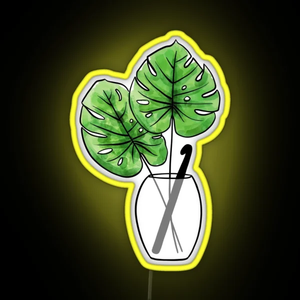 Monstera Leaf Vase With Crochet Hook RGB Neon Sign
